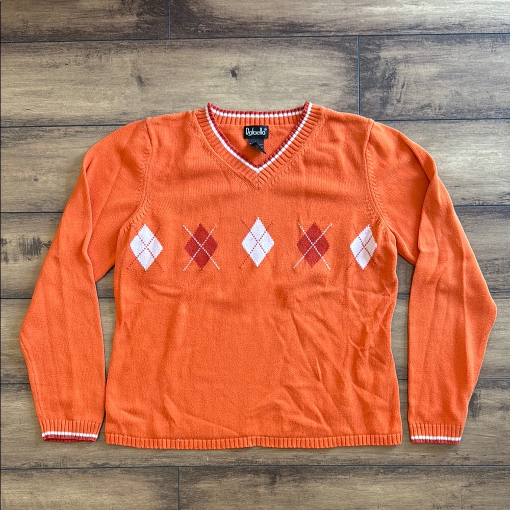 Rafaella Orange V-Neck Sweater with Argyle Pattern